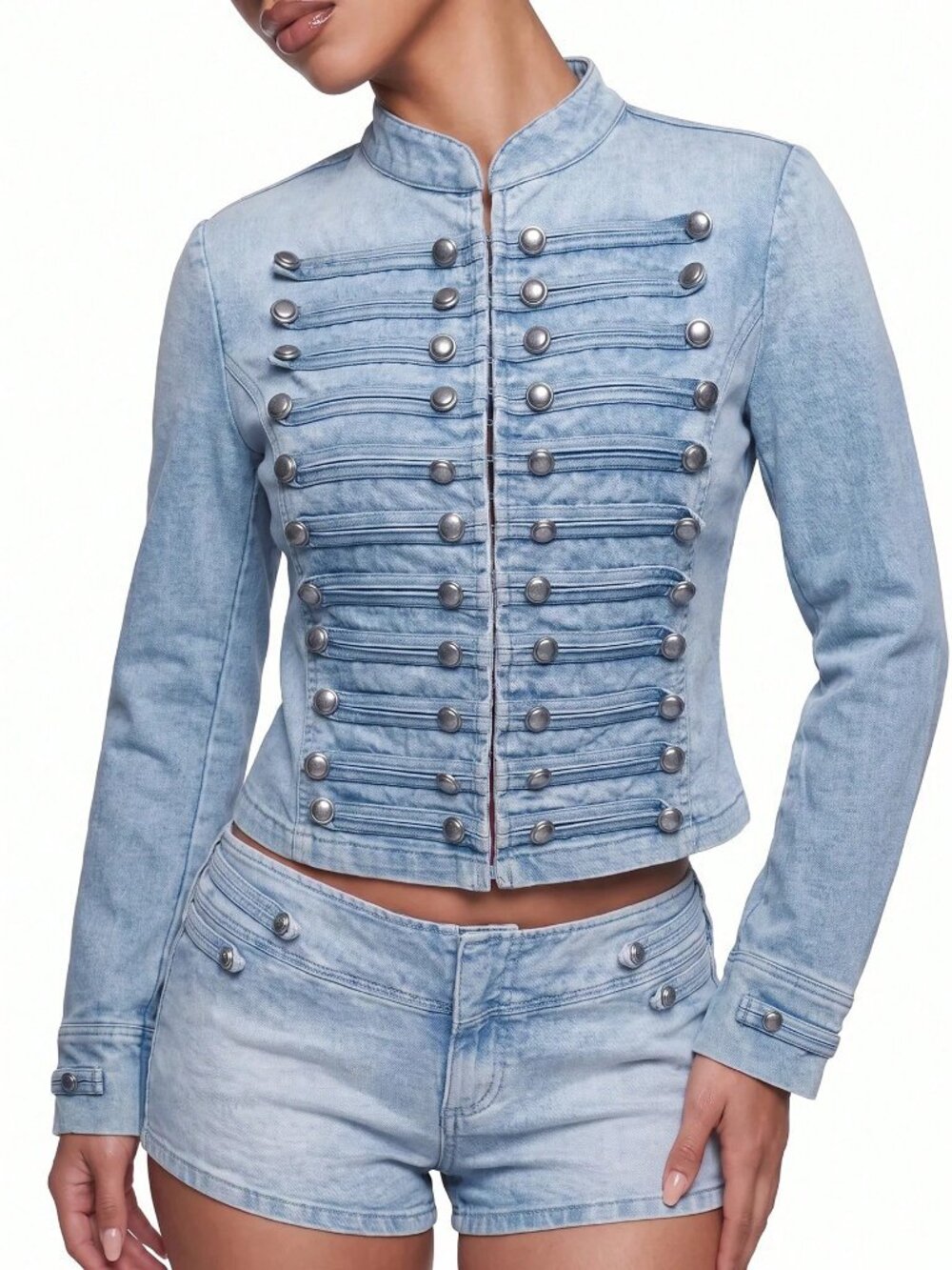 Blue Cute Women's Studded Decor Casual Long Sleeve Jacket - Picture 6 of 6